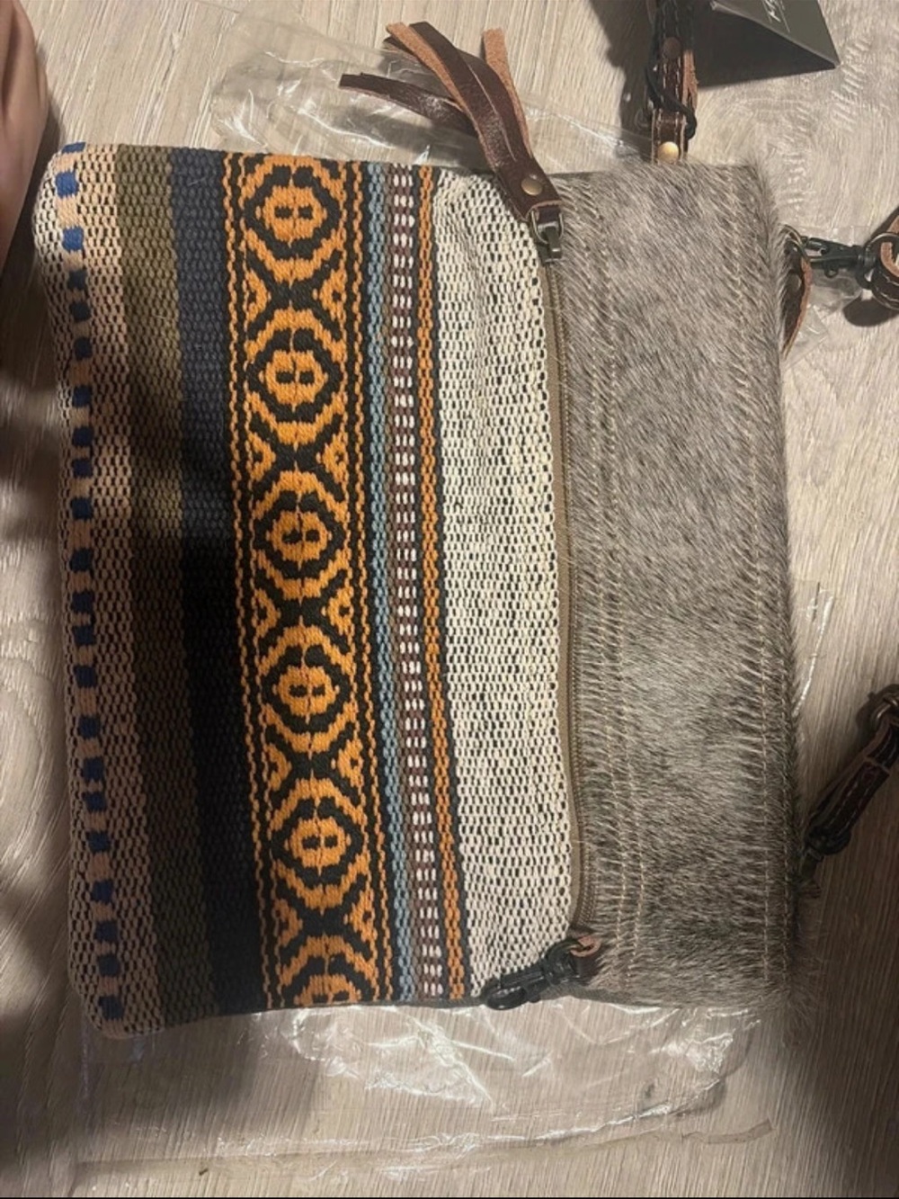Myra Bag Brown and Orange Woven Crossbody with Fur Accent